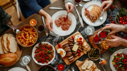 Fototapeta premium A Vibrant Table Spread with Assorted Dishes, Fresh Ingredients, and People Enjoying a Delicious Meal Together in a Cozy Dining Setting