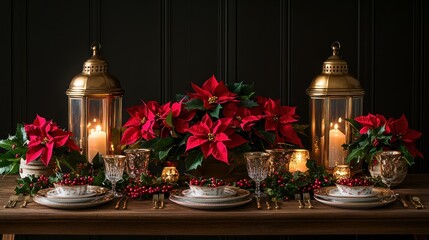 Festive Christmas table setting with poinsettias, candles, and lanterns.