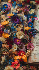 Fototapeta premium A colorful bouquet of flowers is scattered on top of a book. The flowers are of various colors and sizes, creating a vibrant and lively scene. The book is open
