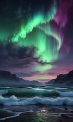 Fototapeta premium Aurora borealis lights up the night sky with colorful wispy waves undulating across a darkened horizon, gentle, colors, shimmering