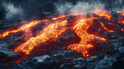 Glowing hot lava flows across dark volcanic rock, emitting steam.
