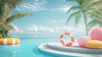 Fototapeta premium Idyllic beach scene with pool, palm trees, inflatable rings, and balloons. Perfect for summer vacation, travel, or relaxation themed designs.