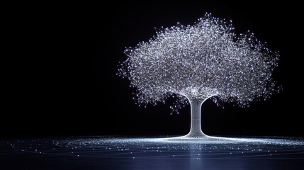 Glowing digital tree with particles on dark background.