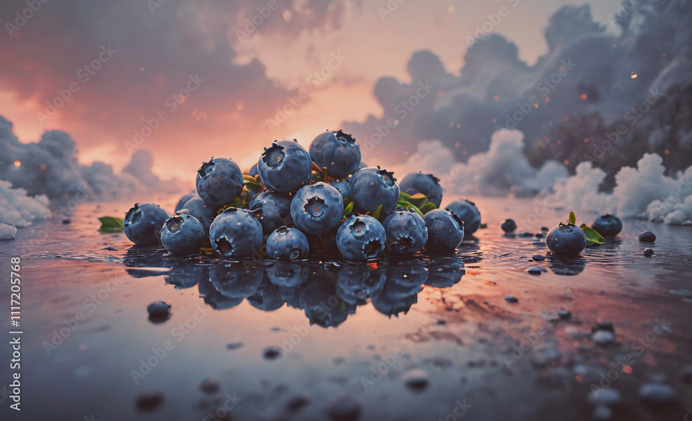 Poster A large pile of blueberries on a surface, with a cloudy sky in the background. The blueberries are arranged in a way that creates a sense of calm and tranquility