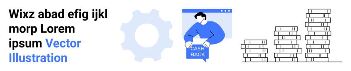 Cash back concept with human figure holding Cash Back sign in website element, gear, and stacked coins. Ideal for financial services, apps, fintech, e-commerce, rewards programs, online shopping