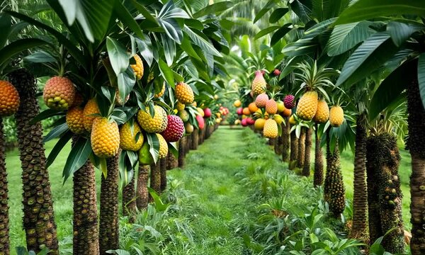 Lush rows of pineapple and mango trees laden with ripe, colorful fruit in a tropical orchard.