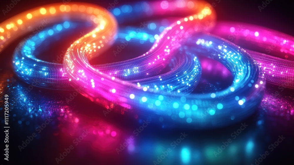 Sticker abstract glowing neon light trails forming intricate curves and loops on a dark reflective surface.