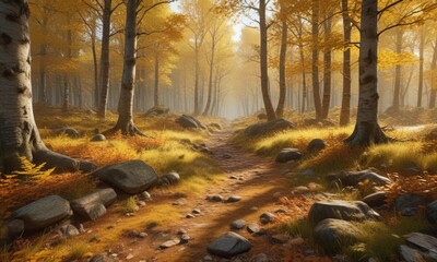 The changing seasons bring new life to a forest floor blanketed in golden autumn hues, serene landscape, tree-lined paths