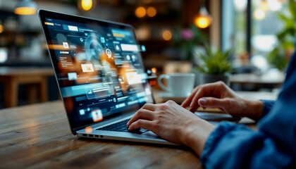 hands wearing a blue shirt interacting with a laptop and various digital icons and interfaces, suggesting the use of technology, artificial intelligence, and data analysis
