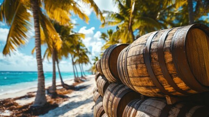Fototapeta premium Wooden barrels stacked on a tropical beach with palm trees and ocean view.