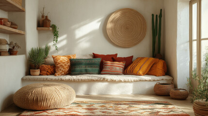 Cozy living room with comfortable seating area featuring colorful cushions, woven rug, and decorative plants, creating warm and inviting atmosphere