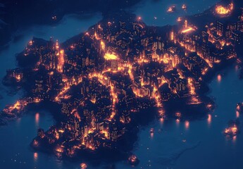 Obraz premium Aerial View of a Futuristic City Illuminated by Fire at Night, Capturing the Dramatic Contrast Between Shadows and Bright Flames Reflecting on Water Below