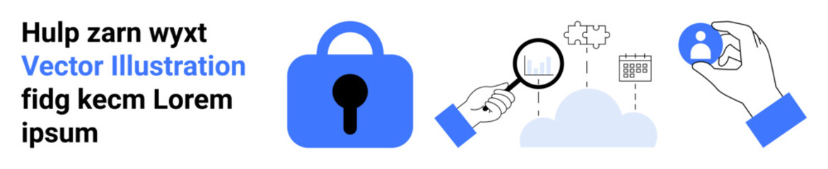 Magnifying glass examining a cloud, blue padlock for security, calendar and user icons. Ideal for cybersecurity, data protection, cloud services, IT solutions, privacy measures, user verification