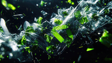 Fototapeta premium Abstract representation of plastic pollution with green elements in dynamic motion.