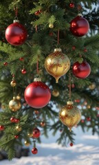 Obraz premium Ornate, hand-blown glass ornaments in shades of red, green, and gold adorn the lower branches of a lush evergreen tree, glass, ornaments, red
