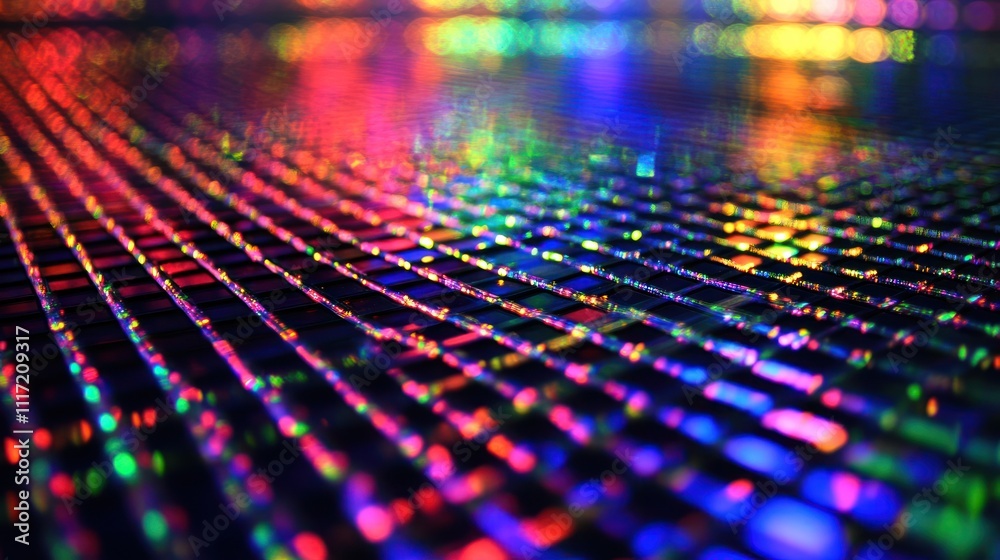 Wall mural abstract colorful grid pattern with vibrant bokeh lights.