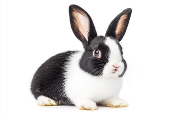 Fototapeta premium Cute black and white rabbit big ears fluffy fur white chest black nose curious expression