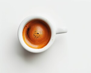 A simple, white cup holds rich, dark espresso, showcasing a creamy layer of foam on top against a clean, light background.