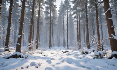 Fototapeta premium Snowy forest landscape with tall trees and snow-covered branches, branches, snowy