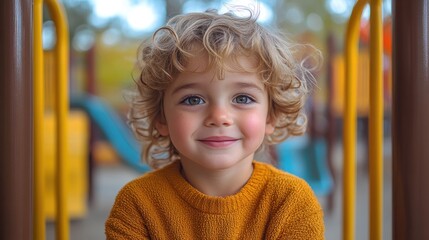 Portrait of a smiling toddler with curly blond hair at a playground.