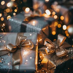 A close-up of beautifully wrapped gifts adorned with golden bows, surrounded by soft glowing lights, creating a festive and warm atmosphere.