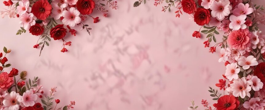 Soft pink and red floral background with heart-shaped decorations, pink, background, romantic