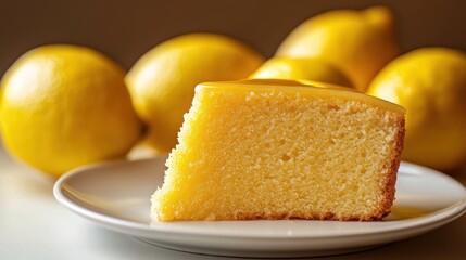 Lemon Cake Slice with Lemons in Background