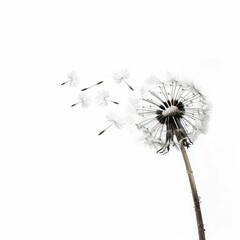 A dandelion puff releases its seeds into the air, showcasing a delicate moment of nature's cycle against a stark white background.