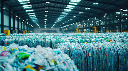 Bales of recycled plastic in a warehouse highlighting environmental sustainability.