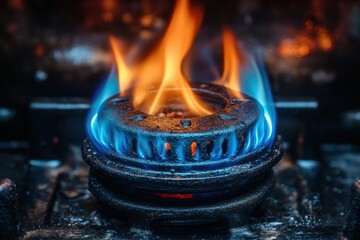 Close-up of a gas stove burner with blue and orange flames burning intensely.