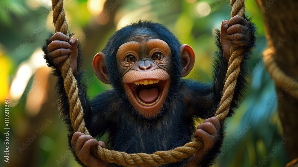 Canvas Prints Happy baby chimpanzee swinging on a rope in a lush jungle.