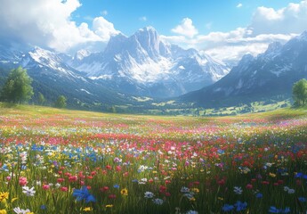 Breathtaking Landscape with Colorful Flower Field Under Bright Blue Sky and Majestic Mountains in Background, Creating a Serene Natural Setting