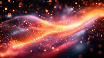 Abstract glowing wave of particles with orange and red hues on a dark background.