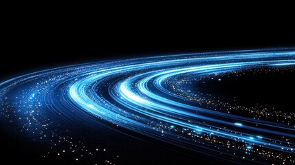 Abstract blue light trails forming a circular motion on a black background.