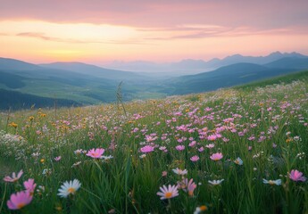 Fototapeta premium Breathtaking Sunset Over a Vibrant Flower Field with Rolling Hills and Mountain Peaks in the Background, Creating a Serene Natural Landscape