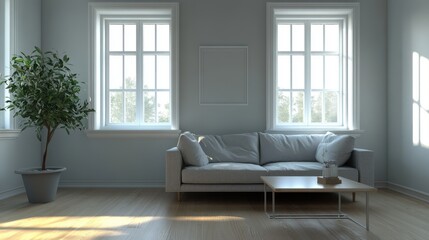 Fototapeta premium Bright and Modern Minimalist Living Room with Large Windows, Light Gray Sofa, Wooden Coffee Table, Indoor Plant, and Natural Light