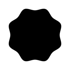 Circle shape with wavy edges. Round geometric form with scalloped borders. Blank text box, tag or label isolated on white background. Vector graphic illustration.