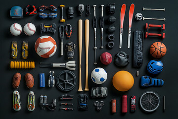 Set of sport equipment on dark background