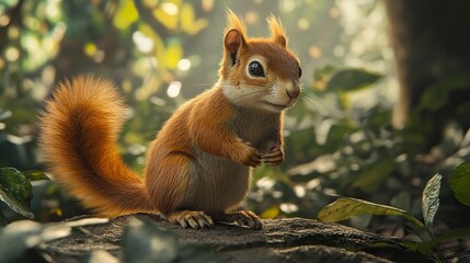 A small rodent squirrel with a slender body, tail, short, soft, and smooth fur, blond brown in color. Against the background of dense bushes in tropical forests.