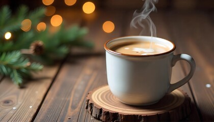 A steaming mug of cocoa or coffee on a wooden table with winter decorations