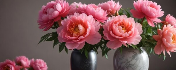 Obraz premium Vibrant peony flowers in shades of pink and coral blooming in a vase , fresh cut flowers, spring flowers