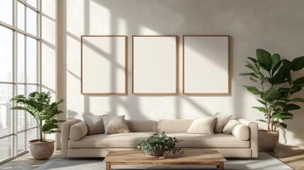 Minimalist Living Room with Natural Light and Blank Frames