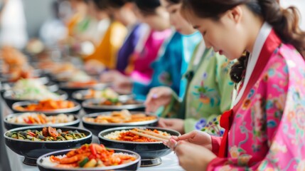 Fototapeta premium Traditional Korean Cuisine Display with Colorful Hanbok Attire: A Vibrant Celebration of Dishes and Ingredients in a Cultural Setting
