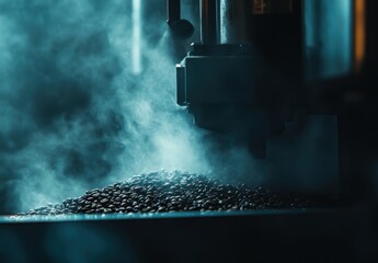 Close-Up of Roasting Coffee Beans with Steam and Smoke Rising from a Machine in a Dimly Lit Setting, Capturing the Art of Coffee Production