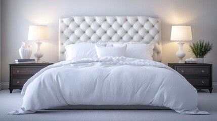 Luxurious bedroom modern upholstered bed tufted white headboard crisp white bedding