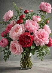 Obraz premium Vintage floral bouquet with red roses and pink peonies, pink, wedding flowers