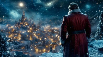 Fototapeta premium Santa Claus gazes over a magical winter town at night.
