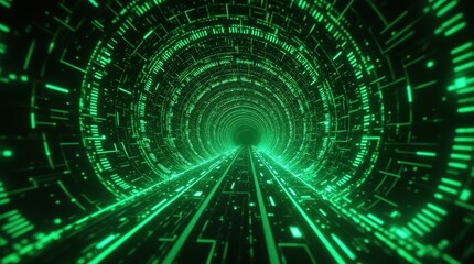 Obraz premium A futuristic, green digital tunnel with concentric circular patterns and glowing lines technology and data flow background