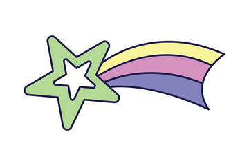 Comet star with a rainbow tail on white background. Retro illustration with outline in 90s style. Isolated vector illustration.