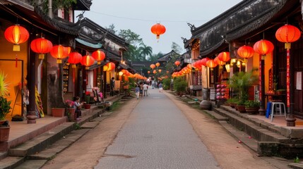 Fototapeta premium Tranquil Street in Ancient Town with Red Lanterns and Traditional Architecture Illuminated at Dusk, Evoking Cultural Heritage and Festive Atmosphere